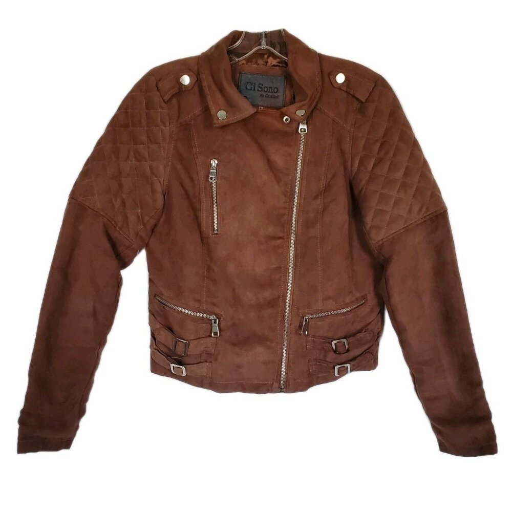 Vintage Ci Sono By Cavalini Brown 100% Vegan Suede Cropped Moto Jacket Size S